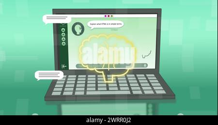 Bild des ai-Chats und der Datenverarbeitung über dem Laptop-Bildschirm Stockfoto