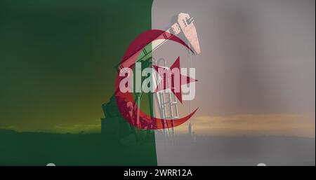 Bild der Flagge algeriens über der Ölpumpe Stockfoto