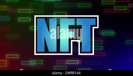 Bild des nft über schwarzem Hintergrund mit Neonrechtecken Stockfoto