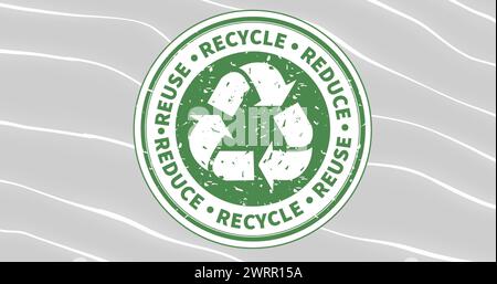 Abbildung des Hinweises für Wiederverwendung, Verkleinerung, Recycling und Recycling im Kreis auf grauem Hintergrund Stockfoto