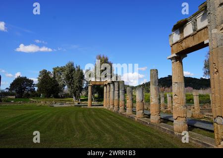 Das antike Heiligtum von Artemis. Säulen der Arkade oder stoa vor dem Tempel, in Brauron oder Vravrona, Attika, Griechenland Stockfoto