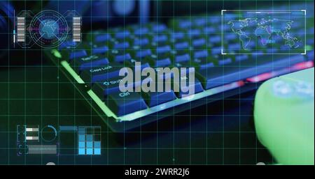 Bild des Oszilloskops und Datenverarbeitung über Computerausrüstung für Computerspiele Stockfoto