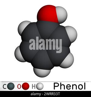 Phenol, Carbonsäuremolekül. Molekulares Modell. 3D-Rendering. Abbildung Stockfoto