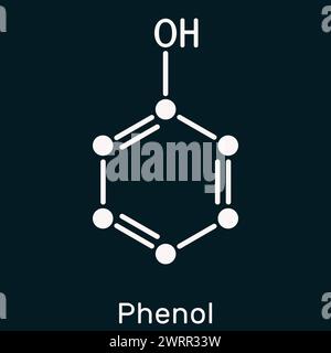 Phenol, Carbonsäuremolekül. Skelettchemische Formel auf dunkelblauem Hintergrund. Abbildung Stockfoto