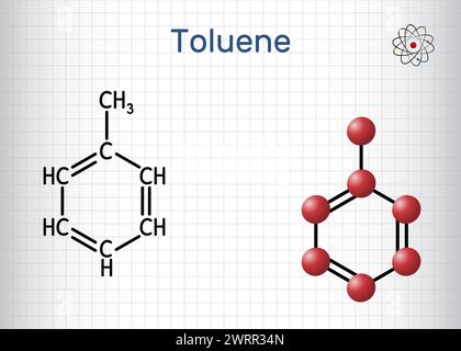 Toluol, Toluol C7H8 Molekül. Methylbenzol, aromatischer Kohlenwasserstoff. Strukturelle chemische Formel und Molekülmodell. Blatt Papier in einem Käfig. Vektor Stock Vektor