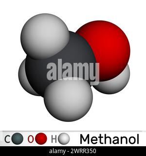 Methanol, Methylalkohol, Molekül. Zuckerersatz und Molekularmodell E951. 3D-Rendering. Abbildung Stockfoto