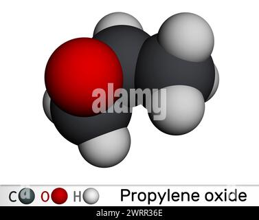 Propylenoxidmolekül. Molekulares Modell. 3D-Rendering. Abbildung Stockfoto