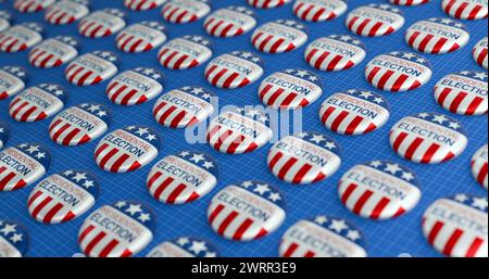 Bild des Textes der Präsidentschaftswahl amerikanische Flaggenknopf-Pin-Abzeichen auf blauem Hintergrund Stockfoto