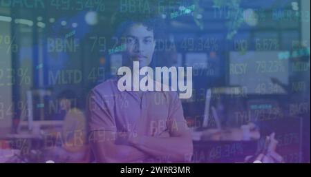 Bild von der Verarbeitung von Finanzdaten gegenüber birassischen Geschäftsleuten Stockfoto