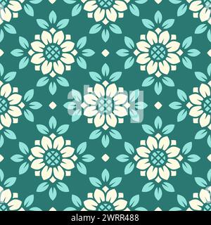 Nahtloses Vektormuster. Fliesen im Retro-Stil mit Sonnenblumen. Stilisierte Blume im quadratischen geometrischen Muster für Tapeten und Textilien Stock Vektor