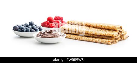 Schüssel mit Heidelbeeren, Himbeeren, Pfannkuchen und Schokoladenaufstrich isoliert auf weißem Hintergrund. Stockfoto