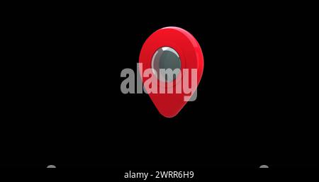 Digitales Bild einer roten Kartennadel, die sich auf dem Bildschirm vor einem schwarzen 4K-Hintergrund bewegt Stockfoto