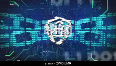 Abbildung: Digitales Schild mit Vorhängeschloss und Blockkette über binärem Code und marineblauem Hintergrund Stockfoto