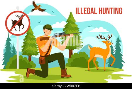 Illegale Jagd Vektor Illustration durch Schießen, Nehmen wilder Tiere und Pflanzen, um in Flat Cartoon Hintergrund Design zu verkaufen Stock Vektor