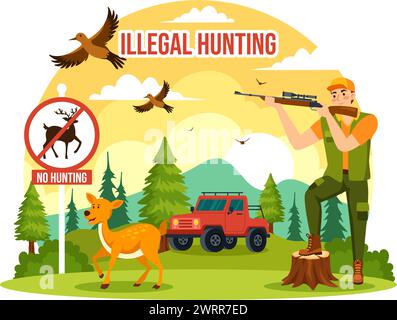 Illegale Jagd Vektor Illustration durch Schießen, Nehmen wilder Tiere und Pflanzen, um in Flat Cartoon Hintergrund Design zu verkaufen Stock Vektor