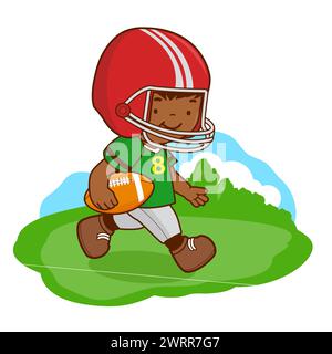 Kleiner Junge, der Rugby spielt. American Football Spieler. Stockfoto