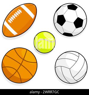 Set Sportbälle. Fußball, Basketball, Tennis, Volleyball und Rugby-Sportbälle. Illustrationssammlung Stockfoto
