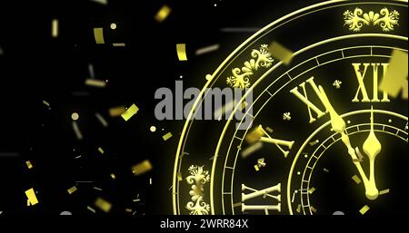 Bild der Uhr mit Mitternacht, Konfetti und Feuerwerk, die auf schwarzem Hintergrund explodieren Stockfoto