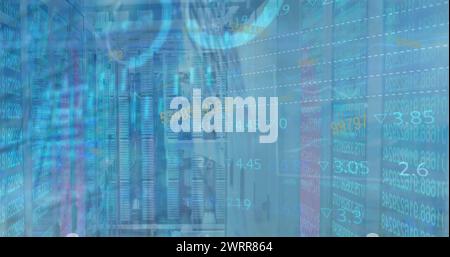 Bild der Datenverarbeitung mit Diagrammen und Diagrammen auf der Schnittstelle über dem Computerserverraum Stockfoto