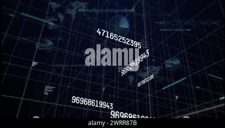 Bild von sich ändernden Zahlen und Datenverarbeitung auf schwarzem Hintergrund Stockfoto