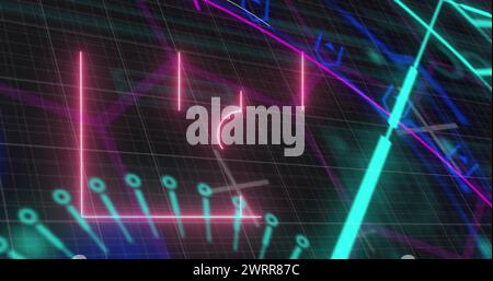 Bild der sich ändernden Zahlen und Datenverarbeitung über Raster auf violettem Hintergrund Stockfoto