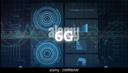 Bild des Netzwerks von Verbindungen mit Symbolen und Datenverarbeitung über dunklem Hintergrund Stockfoto