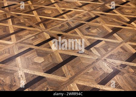 Luxuriöses Vintage-Parkett aus verschiedenen Holzarten mit geometrischem Muster. Hintergrundfoto Stockfoto