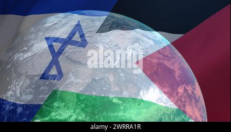 Bild des Globus über der Flagge israels und palästinas Stockfoto