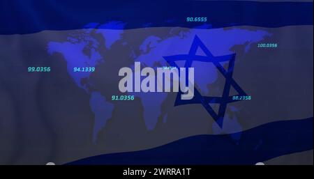 Bild der Karte und Datenverarbeitung über der Flagge israels Stockfoto