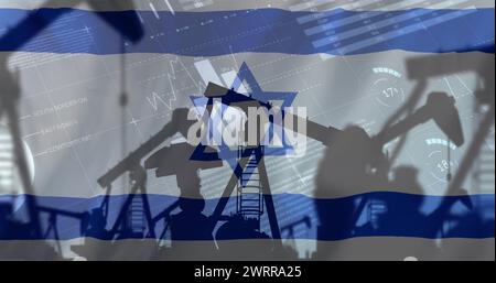 Bild von Ölplattformen und Verarbeitung von Finanzdaten über der Flagge israels Stockfoto