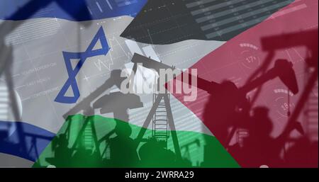 Bild von Ölplattformen und Verarbeitung von Finanzdaten über der Flagge palästinas und israels Stockfoto