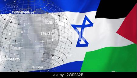 Bild des Globus über der Flagge israels und palästinas Stockfoto