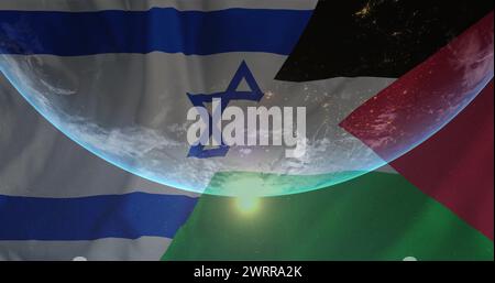 Bild des Globus über der Flagge israels und palästinas Stockfoto