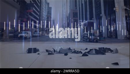 Bild der Verarbeitung von Finanzdaten und des Dollarzeichens über dem Stadtbild Stockfoto