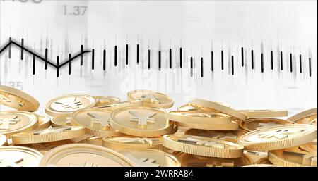 Abbildung der Verarbeitung von Finanzdaten über Yen-Münzen auf weißem Hintergrund Stockfoto