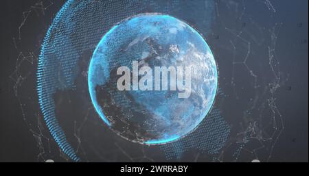 Bild der Verarbeitung von Finanzdaten über dem Globus auf schwarzem Hintergrund Stockfoto