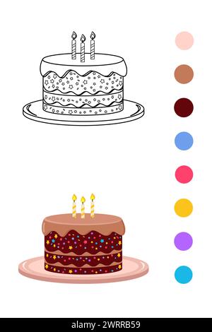 Köstlicher süßer Kuchen mit Schokoladenschichten und Glasur. Köstliche Konfektion isolierte Karikaturvektor-Illustration. Malbuch für Kinder. Skizze. Stockfoto