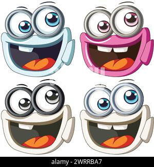 Vier fröhliche Comic-Gesichter mit großen Augen Stock Vektor
