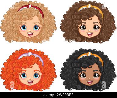 Vier Cartoon-Mädchen mit verschiedenen lockigen Frisuren. Stock Vektor