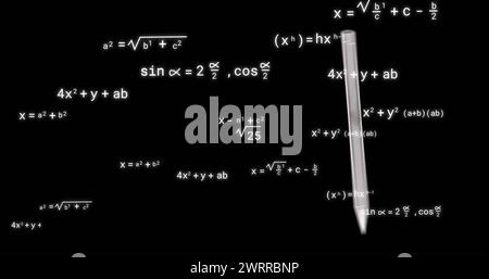 Bild von Schulsymbolen über mathematischen Gleichungen auf schwarzem Hintergrund Stockfoto