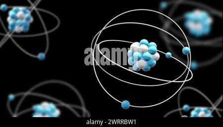 Bild von Atommodellen, die sich auf schwarzem Hintergrund drehen Stockfoto