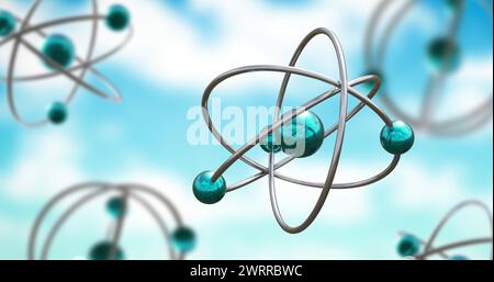 Bild von Atommodellen, die sich auf blauem Hintergrund drehen Stockfoto