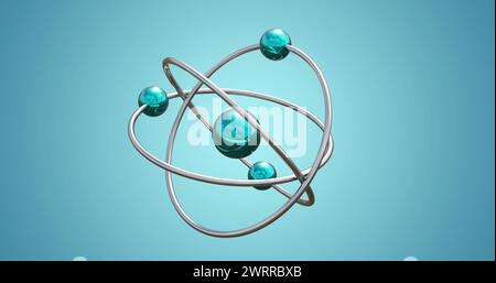 Bild des Atommodells, das sich auf blauem Hintergrund dreht Stockfoto