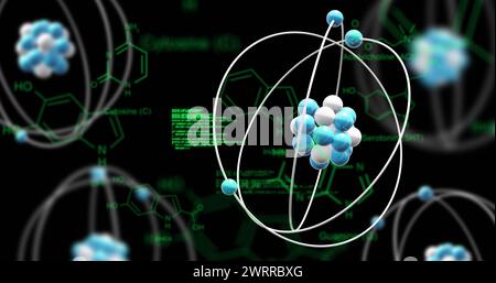 Bild des sich drehenden Atommodells und der Datenverarbeitung auf schwarzem Hintergrund Stockfoto