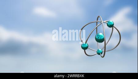 Bild von Atommodellen, die sich über Wolken auf blauem Hintergrund drehen Stockfoto