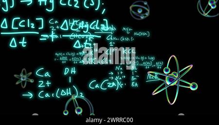 Bild des sich drehenden Atommodells und der Datenverarbeitung auf schwarzem Hintergrund Stockfoto