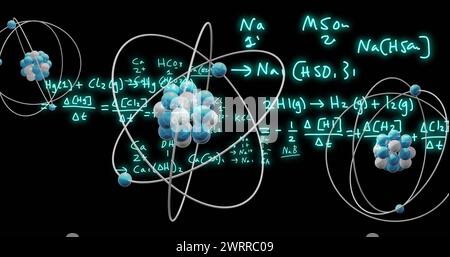 Bild des sich drehenden Atommodells und der Datenverarbeitung auf schwarzem Hintergrund Stockfoto