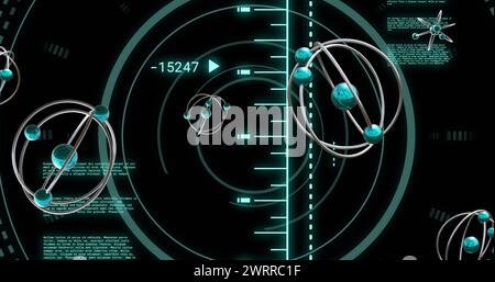 Bild des sich drehenden Atommodells und der Datenverarbeitung auf schwarzem Hintergrund Stockfoto