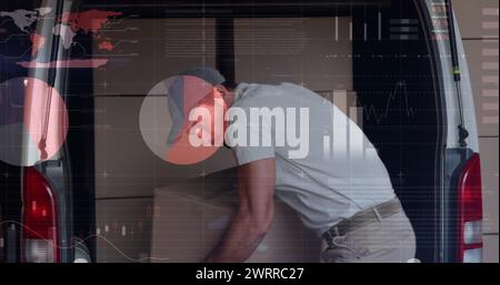 Bild von Statistiken und Verarbeitung von Finanzdaten über Liefermann und Lieferwagen Stockfoto