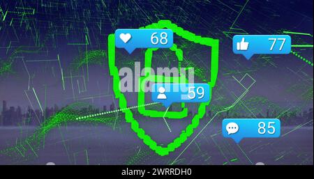 Bild von Social-Media-Symbolen und Vorhängeschloss-Symbol über der Stadtlandschaft Stockfoto